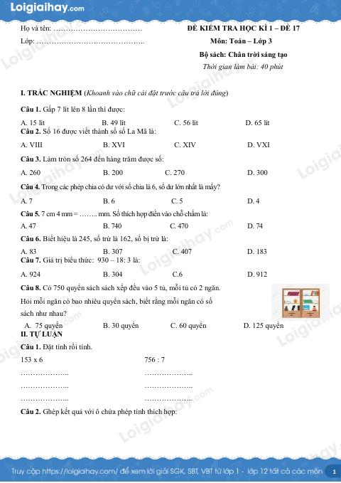 Đề kiểm tra học kì 1 Toán 3 Chân trời sáng tạo - Đề số 17